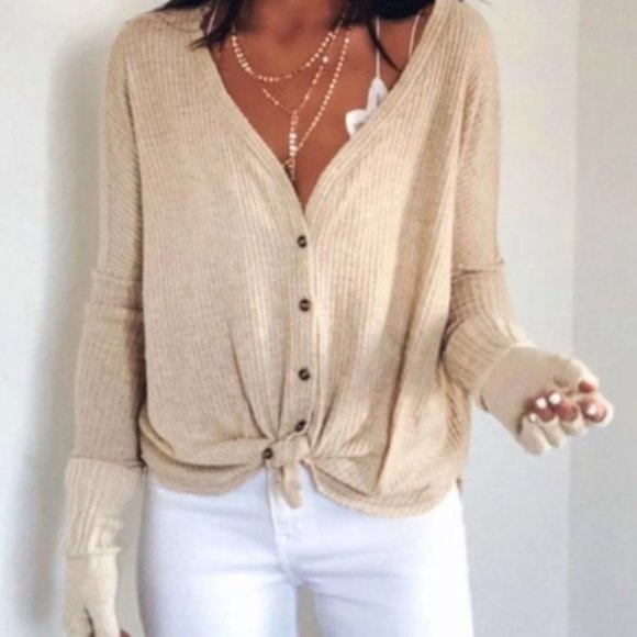 Urban Outfitters Sweaters - Urban Outfitters Jojo Out From Under Oatmeat Waffle Knit Cardigan Tie Front (S)